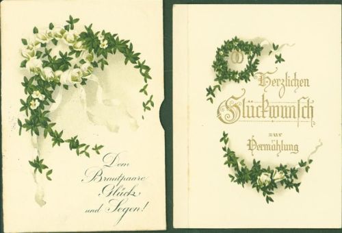 Telegramm zur Hochzeit Drucksache 12,3 cm hoch beiliegende Karte mit Goldschrift im Prägedruck beschriftet