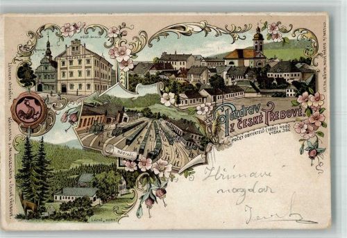 Ceská Trebová Böhmisch Trübau 1899 BOAKC Rathaus Schule Kirche Bahnhof Lithographie