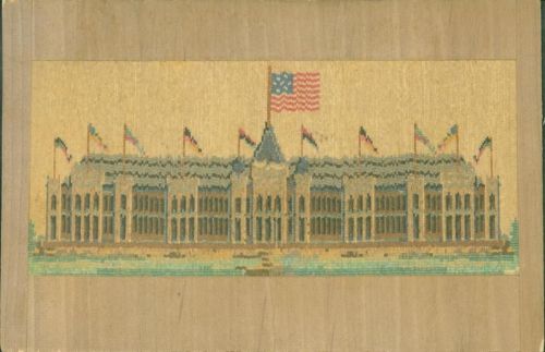 mit eingelegtem Funiermosaik USA kleine Fehlstelle unten rechts Holzkarte KEINE AK