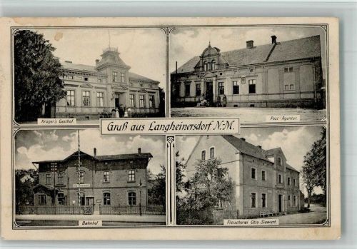 Langheinersdorf 1914 Postamt Bahnhof Bahnpost Berlin Geschäft Fleischerei Siewert Gasthaus Krüger