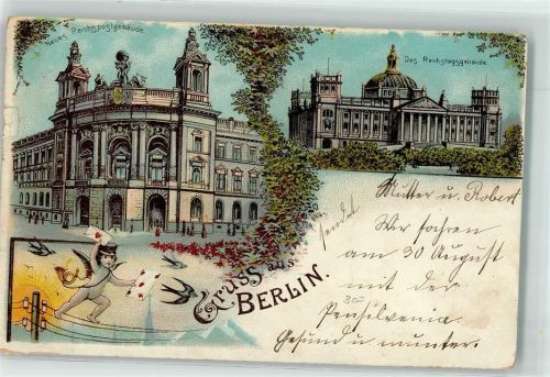 Tiergarten 1902 Lithographie Neues Reichspostgebäude Reichstagsgebäude Brieftauben Amor