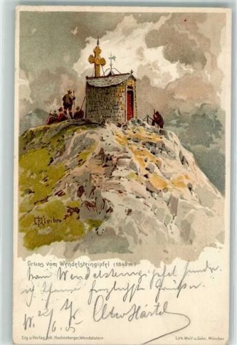 Bayrischzell 1905 sign. Kleiber Gruss Wendelsteingipfel 1849 m Kreuz Bergsteiger Hüttenstempel Touristenhaus