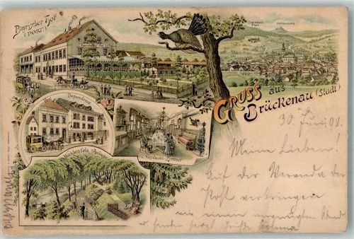 Bad Brückenau 1898 Lithographie Gasthaus Bayrischer Hof Postdependence Postkutsche Waldenfels-Anlage