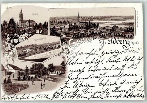 Feldberg 1897 Lithographie Kirche Wasserheilanstalt Marktplatz