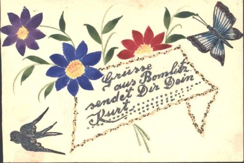 Bomlitz Grußkarte handgeritzt und handgemalt, Glitzer, mit Blumen- Vogel- und Schmetterlingsmotiv