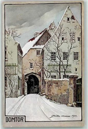 Wurzen Das Domtor abgebrochen 1880 Winter Schnee sign. Müller