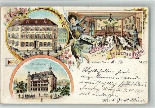 Offenbach 1899 Lithographie Gasthaus zum goldenen Engel Engelputtos Schloß Isenburg