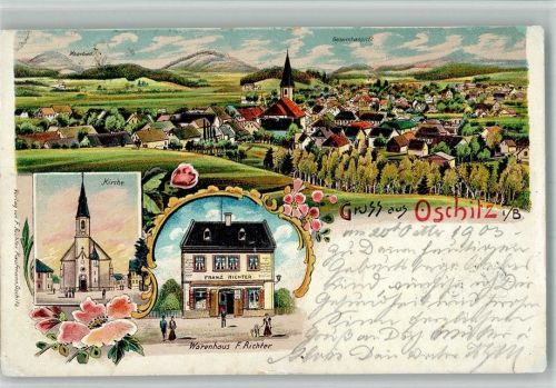 Osecná 1902 Kirche Geschäft Lithographie