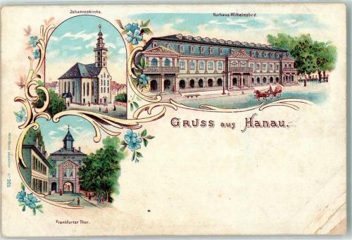 Hanau Johanneskirche Kurhaus Wilhelmsbad Frankfurter Thor Kutsche Blumen Lithographie