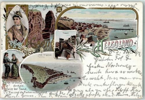 Helgoland 1897 Lithographie Unterland Treppe Nationaltanz Helgoländer Tracht Mönch und Predigerstuhl