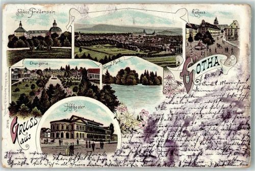 Gotha 1897 Lithographie Schloss Friedenstein Rathaus Orangerie Hoftheater Herzogl. Park