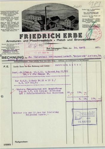 Bad Salzungen Rechnung von 1933 Friedrich Erbe Armaturen- und Maschinenfabrik