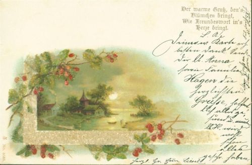 1901 Dorf Fluss Beeren Rahmen mit Glitzer Auflage