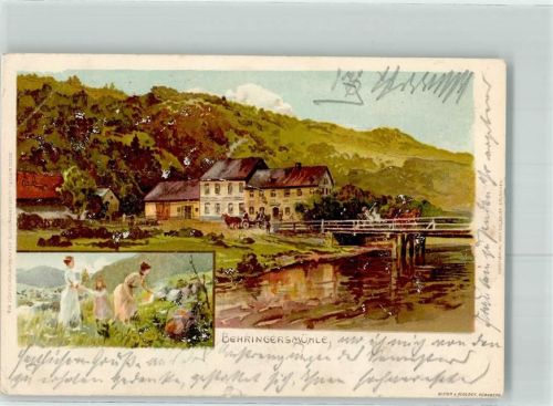 Behringersmühle 1902 Brücke Kutsche Frau Kind Künstlerkarte