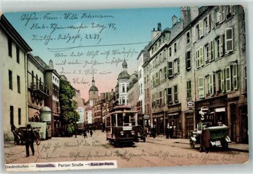 Thionville 1918 Rue de Paris Straßenbahn Oldtimer Litfaßsäule