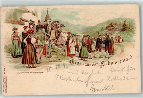 1899 Bauern Hochzeit Gruss aus dem Schwarzwald Spindel Pfeife Gruss aus dem Schwarzwald Bahnpost Frankfurt - Basel Zug 12 25.7.99