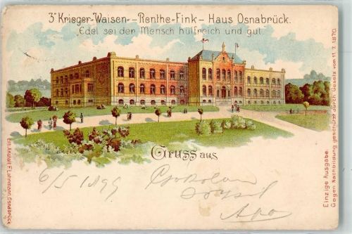 Osnabrück 1899 Lithographie 3" Krieger-Waisen Renthe-Fink-Haus Bahnpoststempel Zug 4