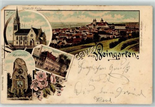 Weingarten 1899 Lithographie Kaiserstein Kaserne Ev. Kirche Verlag Ottmar Zieher-München