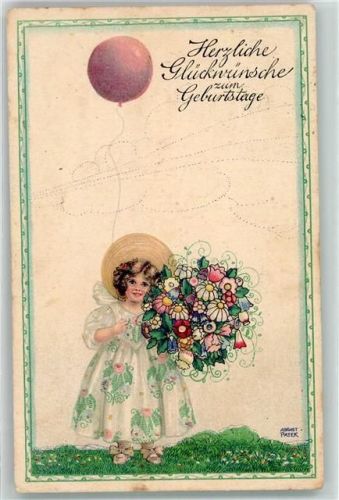 sign. Patek August Verlag PG W.I. Serie 506-1 Geburtstag Ballon Kind mit Blumen