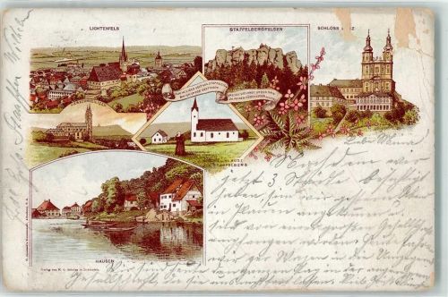 Bad Staffelstein 1901 Lichtenfels Staffelbergfelsen Hausen Schloss Banz Kirche Staffelberg Lithographie
