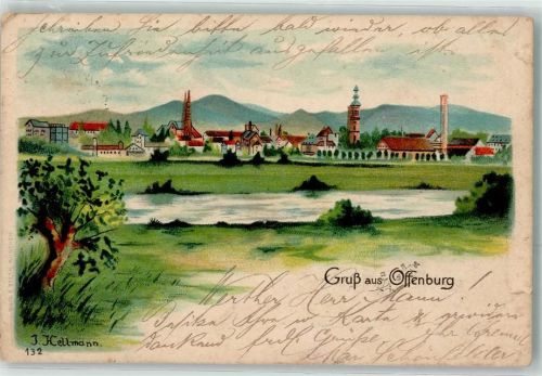 Offenburg 1900 Gruß Kirche Turm Fabrik sign. Kellmann Künstlerkarte