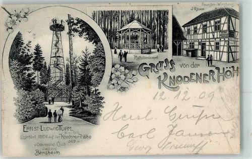 64686 W6147 Knoden 1909 Lithographie Ernst Ludwig Turm auf der Knodener Höhe Mathildentempel Gasthaus Touristen Wirtshaus J. Reinig