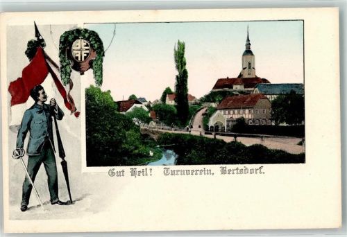 Bertsdorf Turnverein Wappen Kirche Brücke Fahne Rot Weiß Mann Schwert