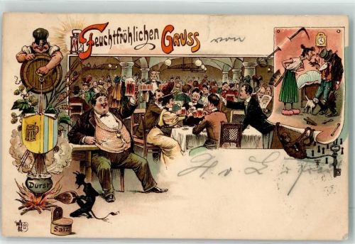 Lithographie Feuchtfröhlicher Gruss Affe Teufel Humor Zieher, Ottmar sign. T.A. Bier Gebrauchsspuren