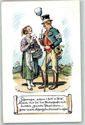München 1925 Deutsche Verkehrsausstellung Frau mit Brief Postillon sign. Stockmann Serie I No.2