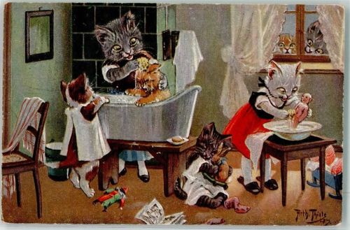 Stroefer T.S.N. Serie 1602 Katze vermenschlicht Puppen Badewanne Thiele, Arthur Gebrauchsspuren