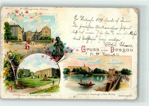 Dessau 1899 Herzogliches Schloss Lustgarten Orangerie Herzogliche Mühle Lithographie
