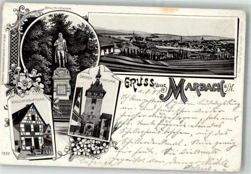 Marbach 1897 Lithographie Oberer Torturm Schillers Geburtshaus Schiller Denkmal