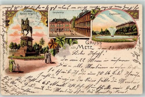 Metz 1901 Denkmal Kaiser Wilhelm I. Hofwache Esplanade Mann Frau Stock Hut Kind Schirm Springbrunnen Reben Gruss