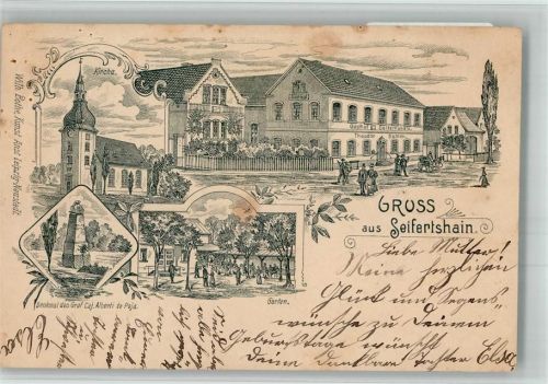 04463 O7101 Seifertshain 1900 BOAKC Vorläufer Druck um 1890 Gasthaus zu Seifertshain Garten Denkmal Graf Alberti de Poja Dorfkirche