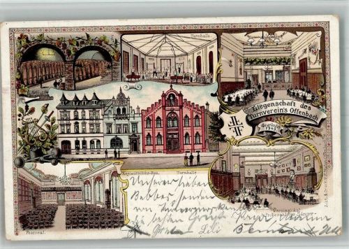 Offenbach 1901 Lithographie Liegenschaft des Turnvereins Offenbach Gasthaus Turnhalle Festsaal Faßkeller