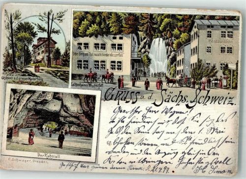 01855 O8360 Sebnitz 1897 Lithographie Kuhstall Lichtenhainer Wasserfall Straßenbahn
