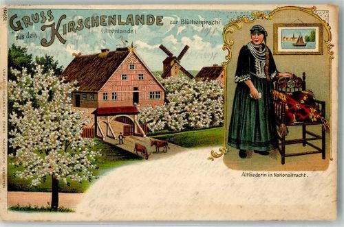 Steinkirchen 1924 Lithographie Tracht Windmühle Altes Land Ort lt. Stempel