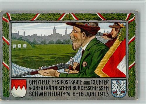 Schweinfurt 1913 Lithographie 12. Unter- und Oberfränkisches Bundesschiessen 1913 Schütze Schiessstand Wappen
