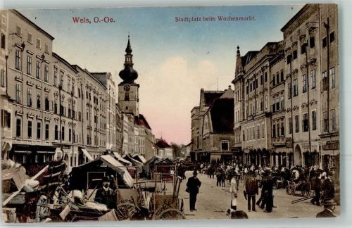 Wels 1917 Stadtplatz beim Wochenmarkt Marktszene