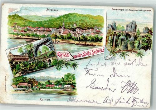 Rathen Kurort 1904 Prebischtor Basteibrücke vom Ferdinandstein gesehen