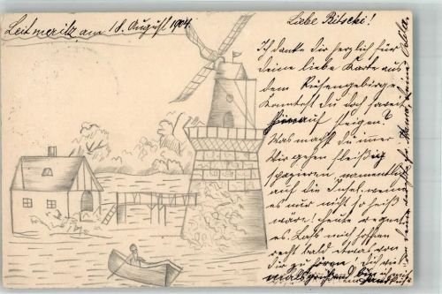 Litomerice 1904 Belistiftzeichnung Windmühle Ort lt. Stempel