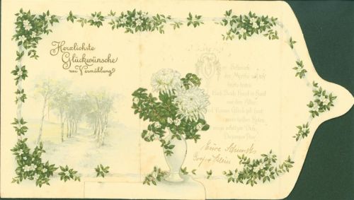 Hochzeits-Telegramm Chrysanthemen in Vase Birkenallee Innenseite Gedicht Prägedruck Briefkarte geöffnet 12 cm hoch 21,5 cm breit
