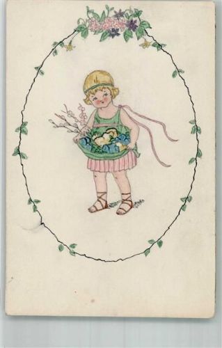 Mädchen Küken im Korb Handgemalt 1924
