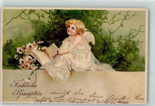 mit Glimmer - Glitzerauflage Engel Buch lesen Pfingsten Lithographie