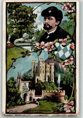 Hohenschwangau Portrait des Königs mit Schloss Hohenschwangau