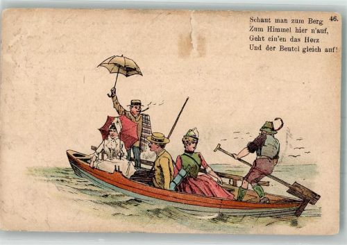 Titisee 1895 Urlauber im Ruderboot Humor Tracht Ort lt. Stempel Einriß