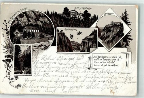 06502 O4308 Thale 1895 Gebrauchsspuren Lithographie Hotel Königsruhe Teufelsbrücke Rosstrappfelsen Hexentanzplatz Hotel zur Rosstrappe Vorläufer