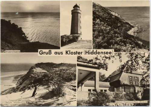 1963 Kloster, Hiddensee, Gruß aus, u.a. Leuchtturm, Museum, Steilufer,VEB Bild und Heimat Reichenbach AKU1