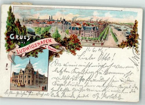 67059 W6700 Ludwigshafen am Rhein 1901 Lithographie / Künstlerkarte Panorama der Stadt mit Postamt