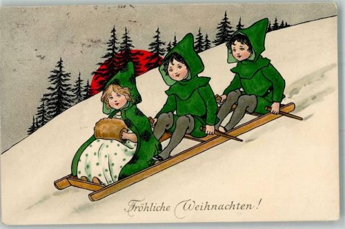 1909 Weihnachten Kinder mit Kapuzen im Dreier-Schlitten Verlag Dondorf 267